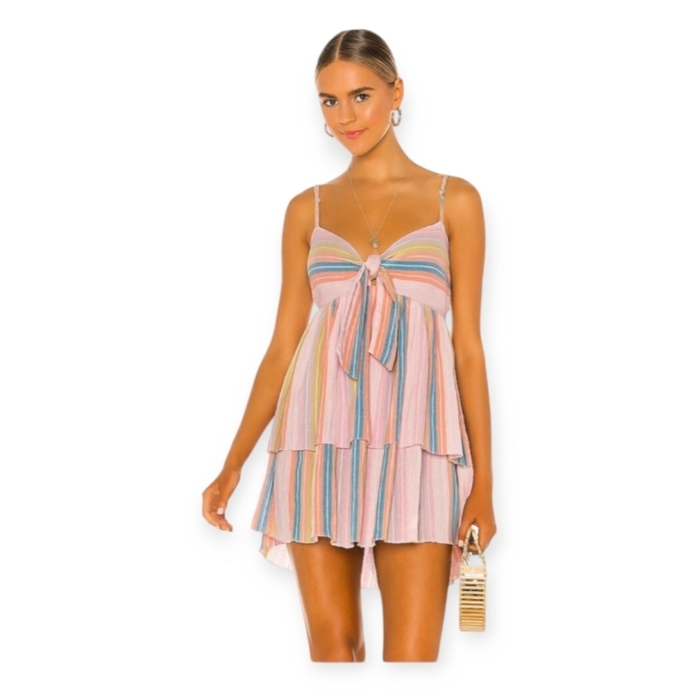Saylor Babydoll Tiered Mini Dress Pastel Sorbet Stripe Cotton Size S Revolve